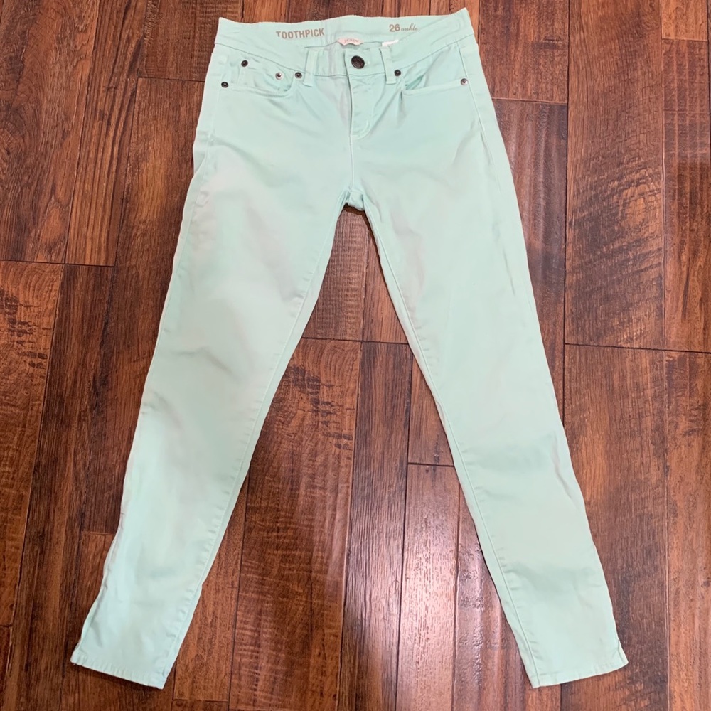 J. Crew side zip Toothpick mint denim pants